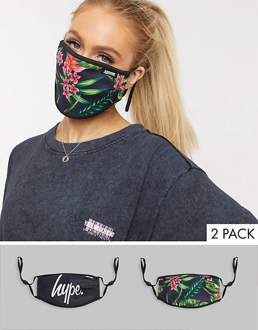 Hype Exclusive 2 pack face covering with adjustable straps in black and floral print