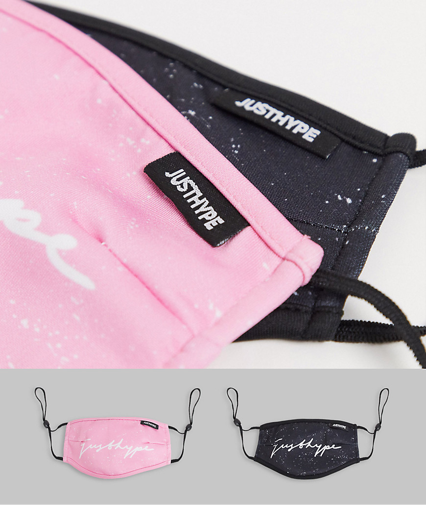 Hype Exclusive 2 pack face covering with adjustable straps in black and pink speckled print