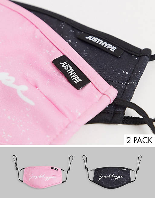Hype Exclusive 2 pack face covering with adjustable straps in black and pink speckled print