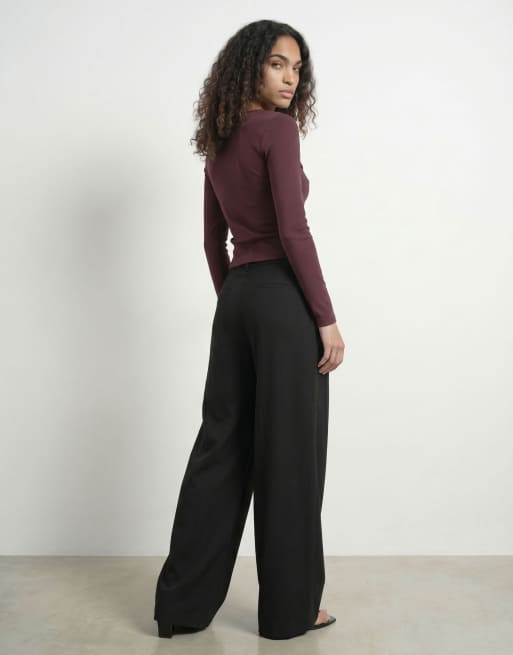 HYPEDROP Dagmar mid waist wide leg tailored twill trousers with detachable belt in black, 3 of 5