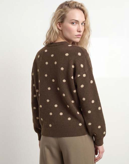 HYPEDROP Gerda ribbad stickad tröja med rund halsringning i chokladbrun, 3 av 6