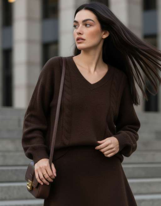 HYPEDROP - Maglione lavorato marrone downtown con scollo a V, 4 di 7