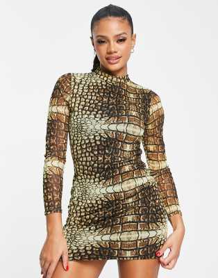 Naked Wardrobe ruched bodycon mini dress in neon snake print