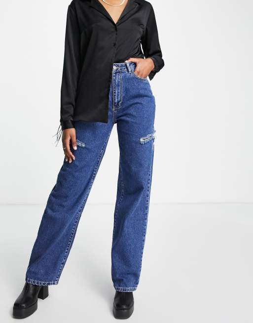 I Saw It First - Baggy-jeans i mørk vask med flænger på låret