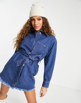 I Saw It First Belted Denim Shirt Dress In Mid Blue | ModeSens