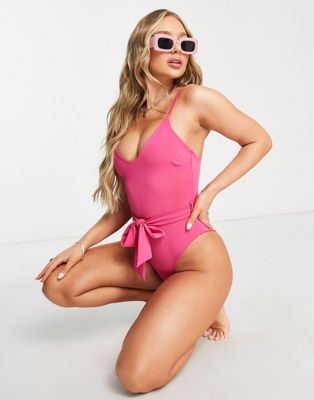 I Saw It First belted swimsuit in hot pink