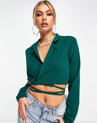 I Saw It First cropped tie waist blazer co ord in emerald green - ASOS Price Checker