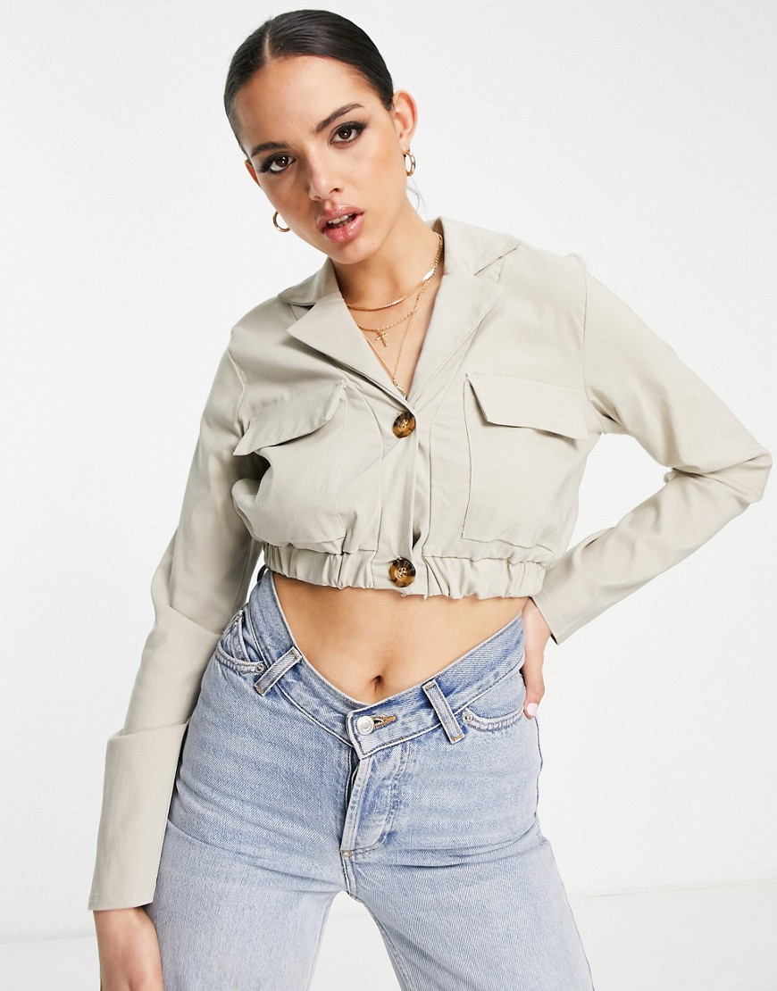 boxy crop utility shirt in camel-Neutral