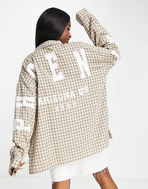  Shirts & Blouses/I Saw It First boyfriend longsleeve shirt with graphic print in beige check 