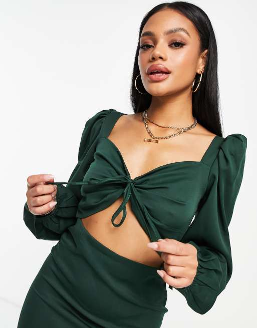 I Saw It First button volume sleeve cut out mini bodycon dress in emerald  green | ASOS