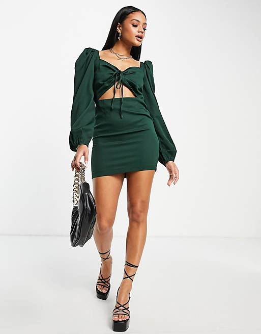  I Saw It First button volume sleeve cut out mini bodycon dress in emerald green 