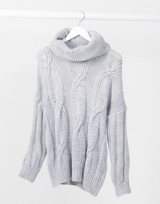 I Saw It First cable knit roll neck jumper in grey