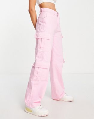 TKF2 Washed Pink Denim Wide-Leg Cargo Jeans