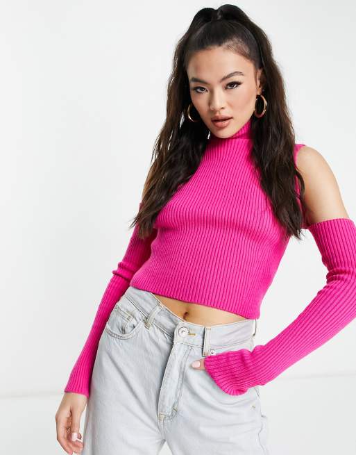 I Saw It First cold shoulder sweater in hot pink ASOS