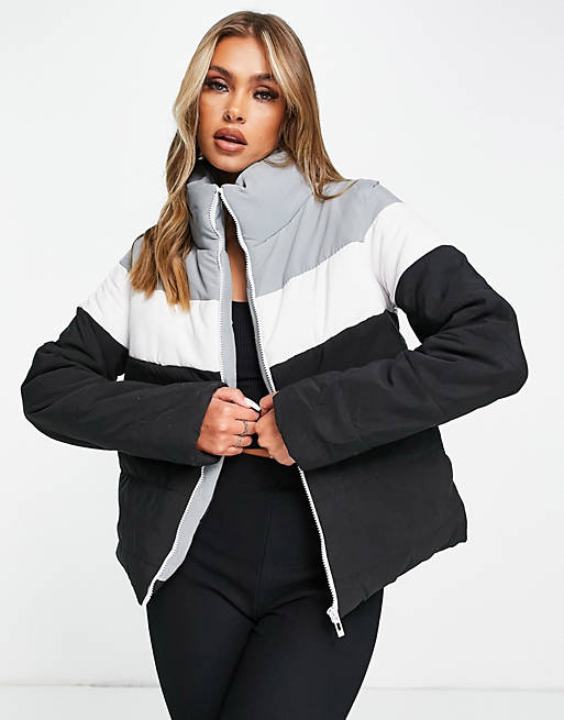 I Saw it First colour block padded puffer jacket in black and grey 