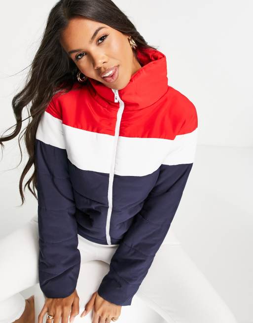 Red and white puffer on sale jacket