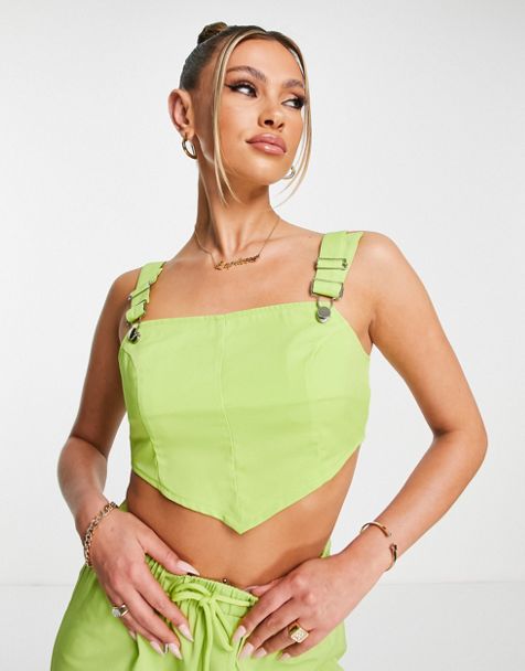 NA-KD x Moa Mattson co-ord structured corset top in pink shiny denim-Green