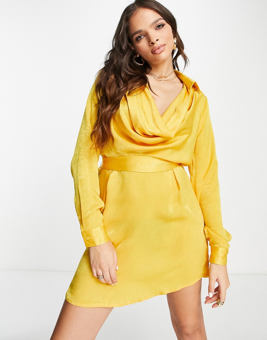 cowl neck mini dress in mustard-Yellow
