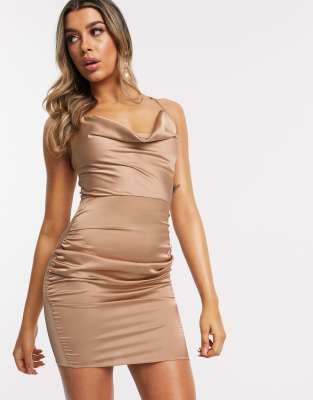 black cowl neck ruched satin mini dress