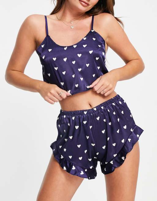 I Saw It First crop top and frilly short pajama set in navy heart