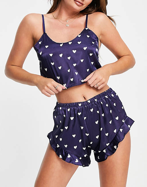 I Saw It First crop top and frilly short pyjama set in navy heart print