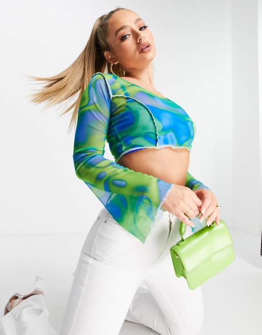 I Saw It First - Crop top in rete trasparente verde multicolore con stampa
