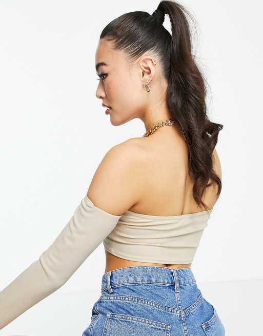 I Saw It First - Crop top van scubastof met blote schouders in stone, 4 van 4