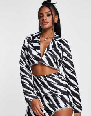 cropped blazer with trim embellishment in zebra - part of a set-Multi