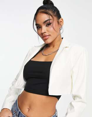 I Saw It First Cropped Leather Look Blazer In Cream - Part Of A Set-white