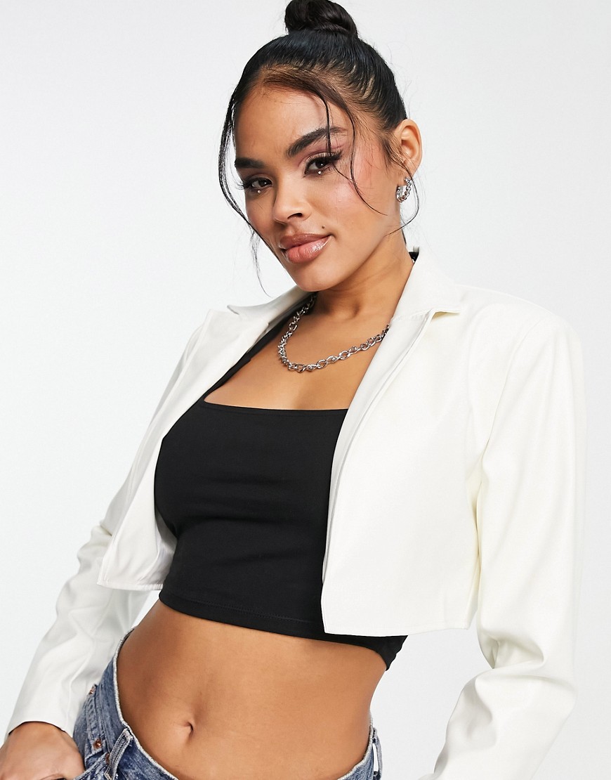 I Saw It First cropped leather look blazer in cream - part of a set-White