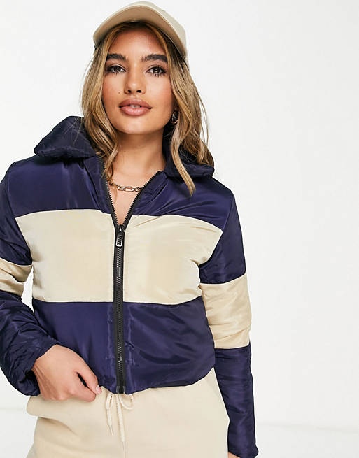 I Saw it First cropped puffer jacket in colourblock navy and beige
