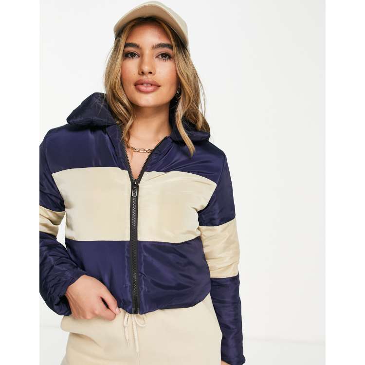 I Saw it First cropped puffer jacket in colourblock navy and beige