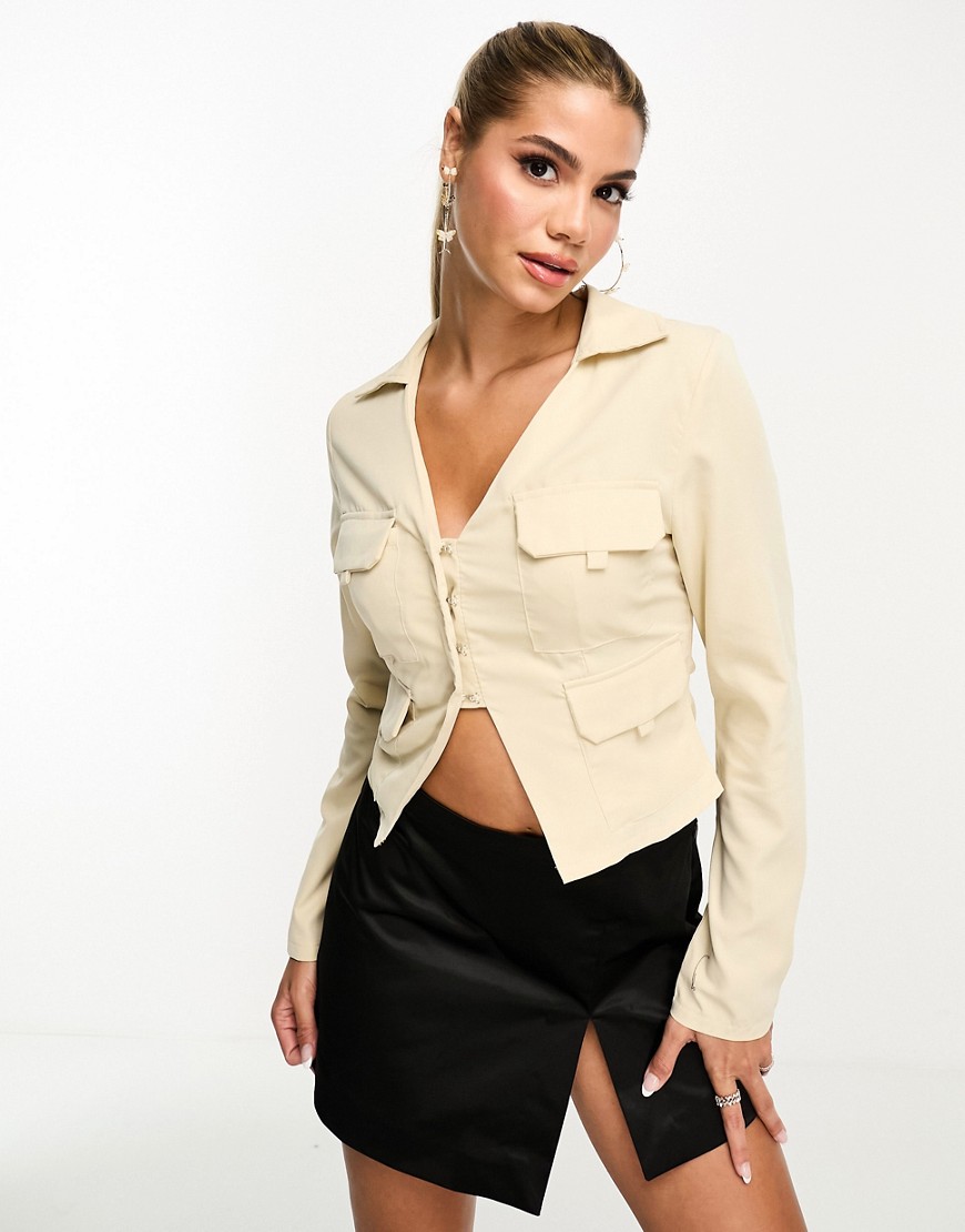 I Saw It First cut out cropped utility shirt co-ord in stone-Neutral