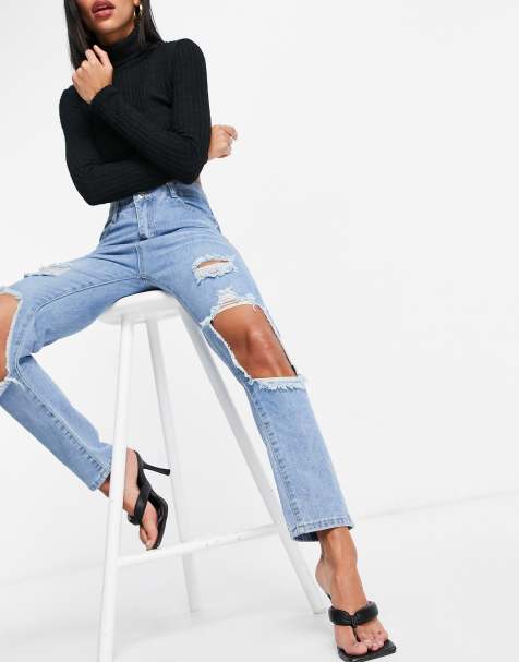 I Saw It First cut out knee mom jeans in blue