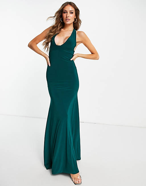 I Saw It First double layer slinky deep plunge cross back maxi dress in green