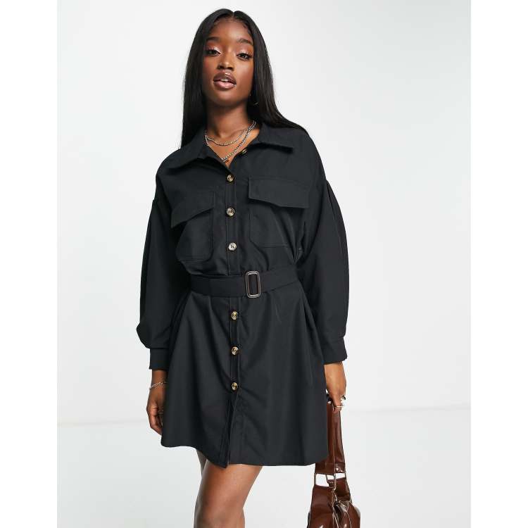 I Saw It First drop shoulder belted oversized shirt dress in black