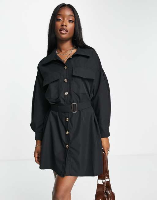 I Saw It First drop shoulder belted oversized shirt dress in black