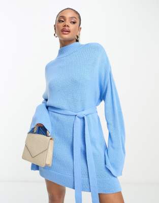 I Saw It First exclusive knitted mini jumper dress with belt detail in blue - ASOS Price Checker