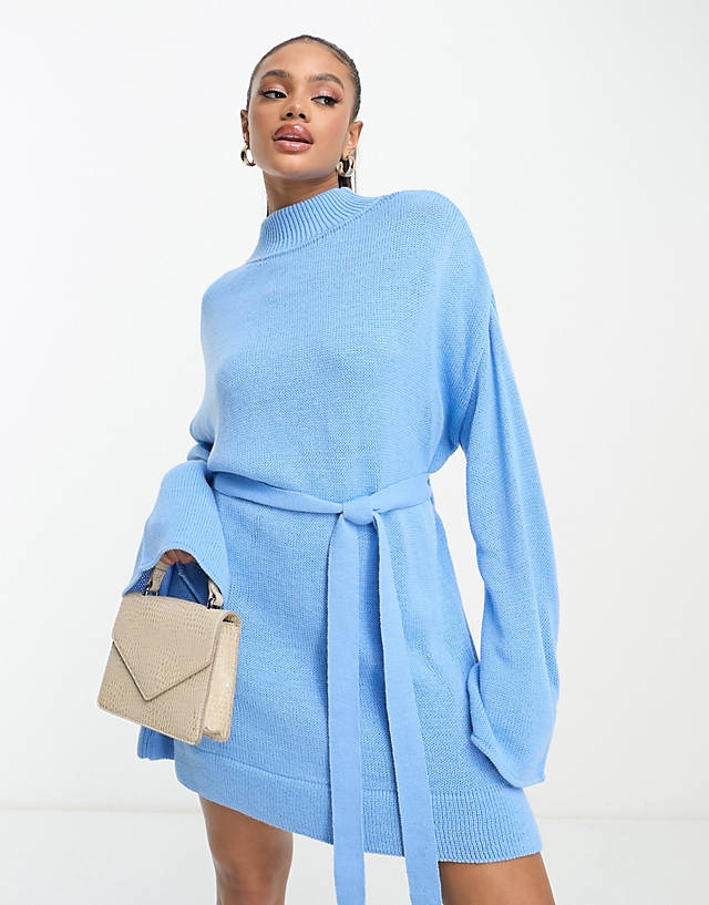 I Saw It First - exclusive knitted mini jumper dress with belt detail in blue