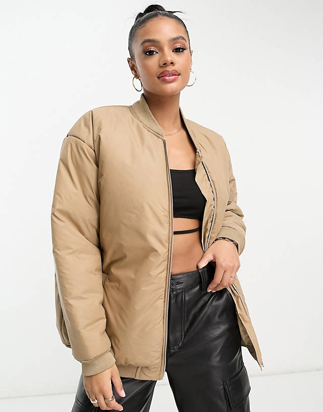 I Saw It First - exclusive longline bomber jacket in beige