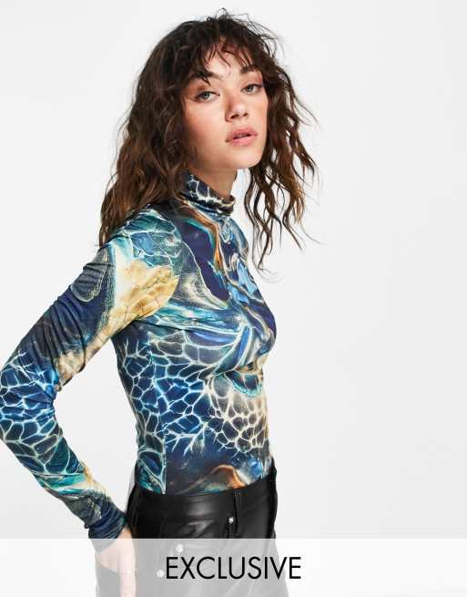 I Saw It First exclusive mesh long sleeve bodysuit in graphic print