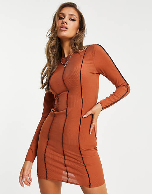 I Saw It First exposed contrast seam mesh mini dress in rust