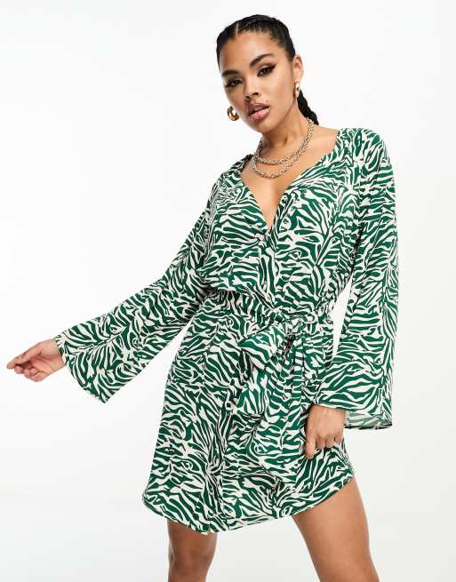 I Saw It First flared sleeve tie waist mini dress in green zebra