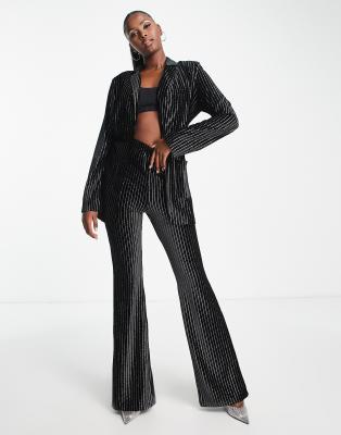 I Saw It First flared stripe velvet trousers co-ord in black | ASOS