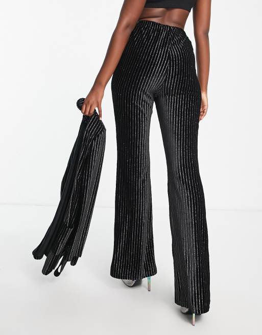 Pieces ribbed wide leg trousers in black glitter