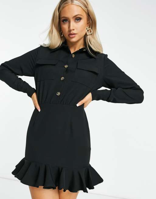 I Saw It First frill hem utility shirt dress in black