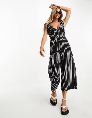 frill strap culotte jumpsuit in black and white