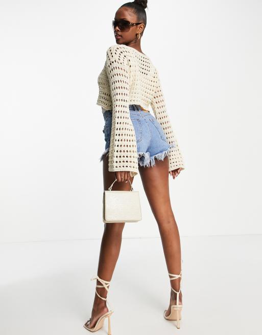 I Saw It First - Gehaakte crop top met uitlopende mouwen in stone, 2 van 4