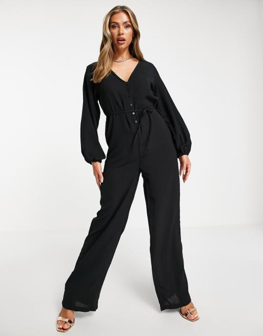 I Saw It First - Geweven jumpsuit met knopen en wijde pijpen in zwart