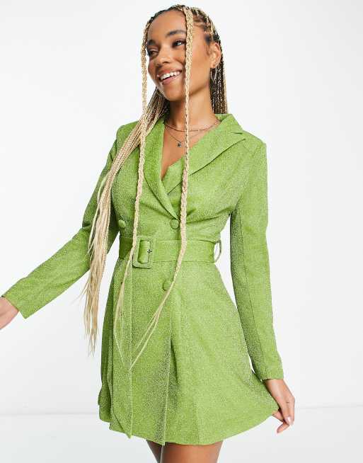 I Saw It First glitter belted blazer dress in olive ASOS